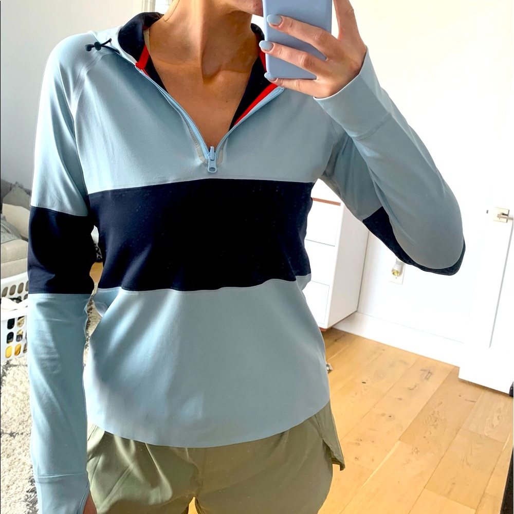Tory Sport by Tory Burch Blue Stripes Running Jacket w/ Hood